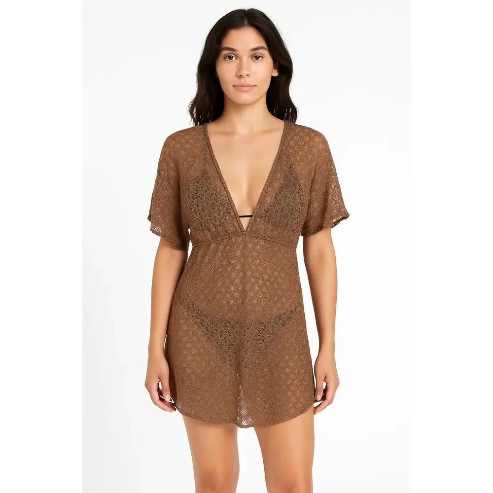 Kish Cecille-G Brown Metallic Crochet Boho Deep V-neck Cover-up Dress Womens L